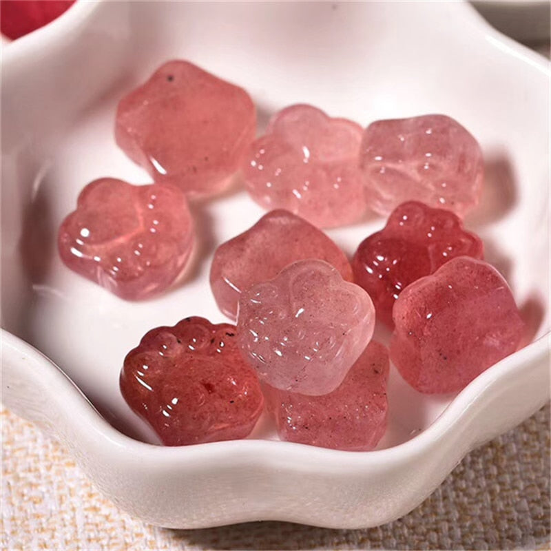 Natural gemstone crystal strawberry quartz cat paw shape folk crafts for healing stones