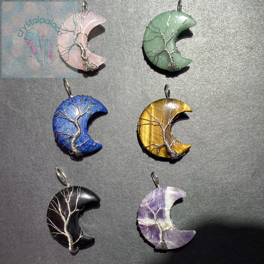 Yellow Tiger Eye/Rose Quartz/ Green Aventurine/Amethyst/Lapis Lazuli/Black Obsidian/Tree Of Life Moons pendants/free braided