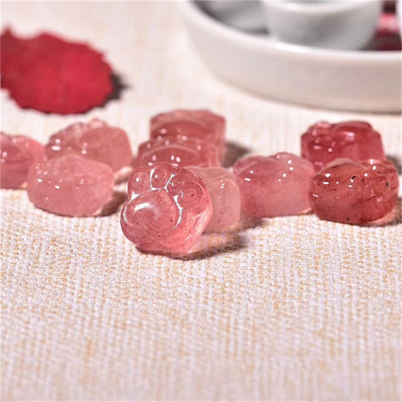 Natural gemstone crystal  strawberry quartz cat paw shape folk crafts for healing stones