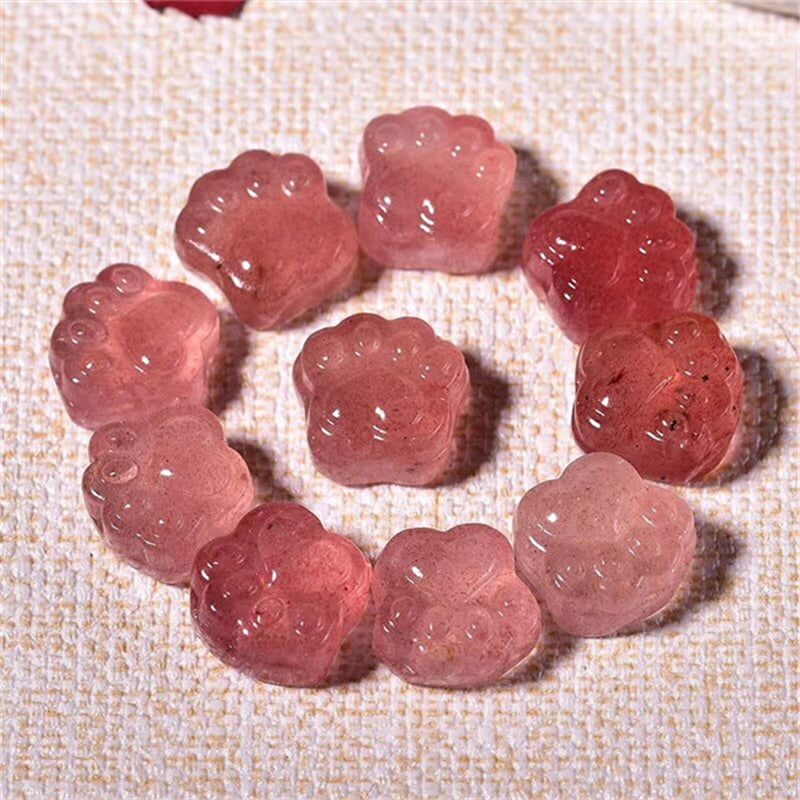 Natural gemstone crystal  strawberry quartz cat paw shape folk crafts for healing stones